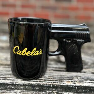 Cabela's Pistol Grip Handle Black Gold Logo Ceramic Coffee Mug Discontinued E5